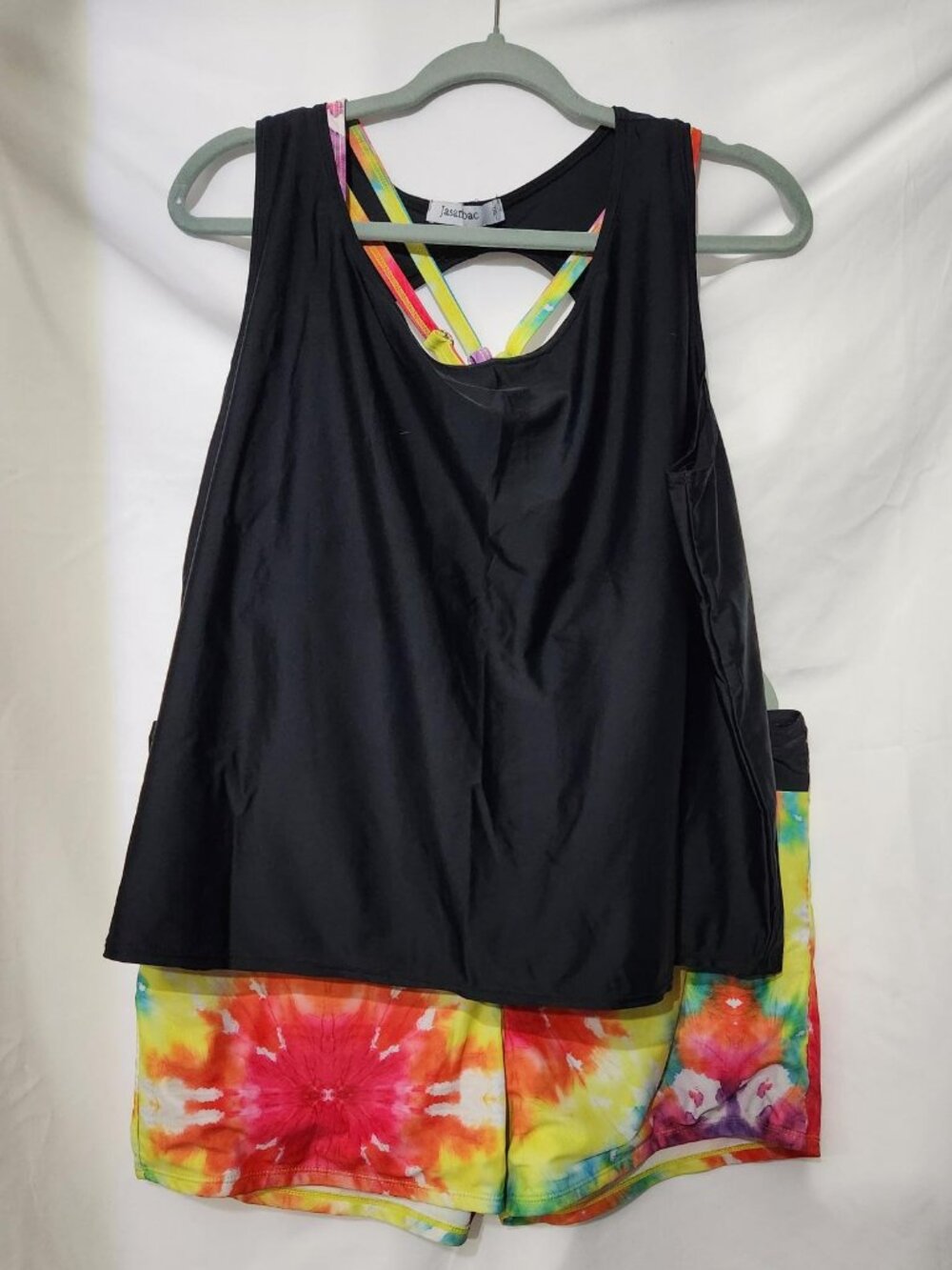 Vibrant SHEIN two-piece swimsuit featuring a colorful neon tie-dye print in shad
